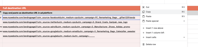 Copy URL and UTM destination